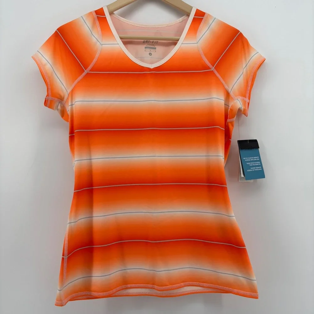Nike Dri-FIT Training Shirt Women Medium Orange Ombre NWT‎ Striped V-Neck Tee